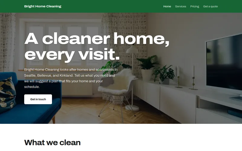 Preview of the Residential cleaning service — four pages example site