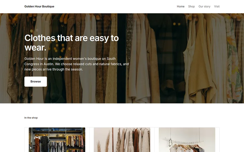 Preview of the Boutique clothing shop — four pages example site